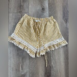 Mustard Yellow Gingham Lace Trim Women's Shorts